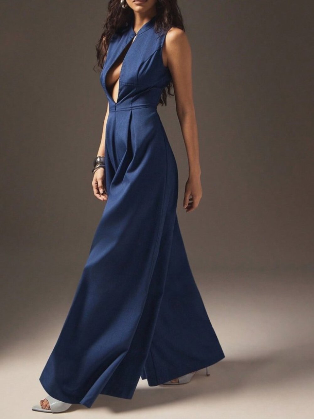Navy Plunge Front Wide Leg Jumpsuit with Stand Collar
